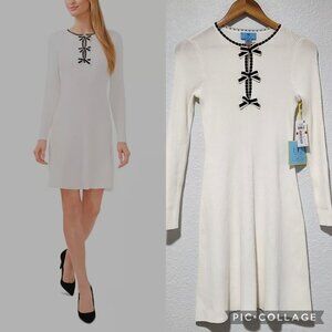 CeCe White Preppy Long Sleeve Midi Dress XS Bow Front Detail Coquette